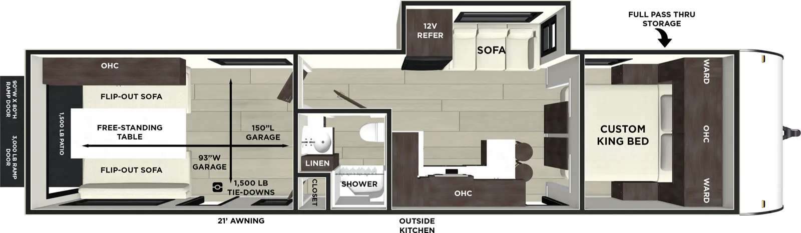 The Wildwood FSX 290RTK floorplan is a toy hauler that has two entries and one slide out. Exterior features include: fiberglass exterior, 21' awning and outside kitchen. Interiors features include: front bedroom.